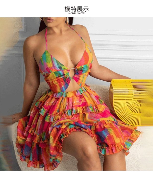 Plus Size Hollow Out Strappy V Neck Print Midi Dress GMAN-21503