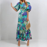 Plus Size Lantern Sleeve Printed Long Dress GMAN-29013