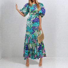 Plus Size Lantern Sleeve Printed Long Dress GMAN-29013