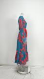 Plus Size Printed Lace-Up Bubble Long Sleeve Maxi Dress GMAN-28748