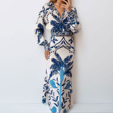 Plus Size Vintage Printed V-Neck Long Sleeve Long Skirt Set GMAN-28925