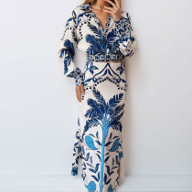 Plus Size Vintage Printed V-Neck Long Sleeve Long Skirt Set GMAN-28925