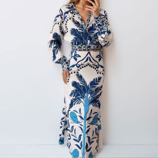 Plus Size Vintage Printed V-Neck Long Sleeve Long Skirt Set GMAN-28925