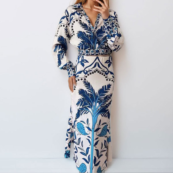 Plus Size Vintage Printed V-Neck Long Sleeve Long Skirt Set GMAN-28925