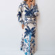 Plus Size Vintage Printed V-Neck Long Sleeve Long Skirt Set GMAN-28925
