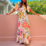 Plus Size Printed Lantern Short Sleeve Big Hem Maxi Dress GMAN-28338-28335