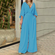 Plus Size Solid Color V Neck Jumpsuit GMAN-22145