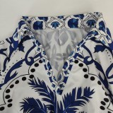 Plus Size Vintage Printed V-Neck Long Sleeve Long Skirt Set GMAN-28925
