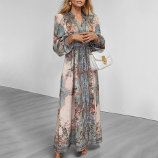 Plus Size V Neck Long Sleeve Print Maxi Dress GMAN-28758