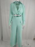 Plus Size Long Sleeve Solid Color Shirt Two Piece Pants Set GMAN-8777