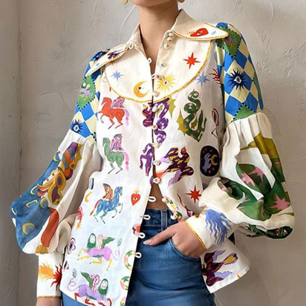 Plus Size Printed Lapel Single Breasted Lantern Sleeve Shirt GMAN-24631