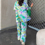 Plus Size Print Shirt Long Sleeve Casual Pants Suit GMAN-8938