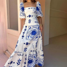Plus Size Printed Lantern Short Sleeve Big Hem Maxi Dress GMAN-28338-28335