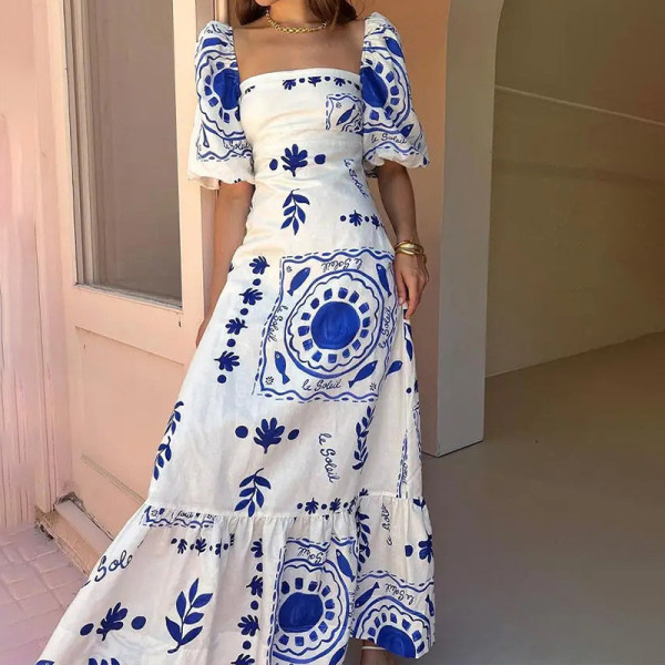 Plus Size Printed Lantern Short Sleeve Big Hem Maxi Dress GMAN-28338-28335