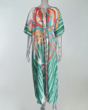 Plus Size Print V Neck Tie Up Maxi Dress GMAN-21383