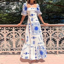 Plus Size Printed Lantern Short Sleeve Big Hem Maxi Dress GMAN-28338-28335