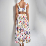 Plus Size Vintage Sleeveless Camisole Top Printed Long Skirt Suit GMAN-28995