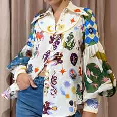 Plus Size Printed Lapel Single Breasted Lantern Sleeve Shirt GMAN-24631