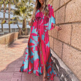 Plus Size Print V Neck Tie Up Maxi Dress GMAN-21383