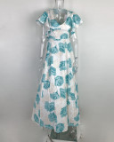 Plus Size V Neck Print Ruffles Sleeve Maxi Dress GMAN-9040