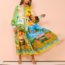 Plus Size Printed Lantern Sleeve Belted Shirt Dress GMAN-28068