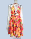 Plus Size Hollow Out Strappy V Neck Print Midi Dress GMAN-21503