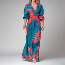 Plus Size Printed Lace-Up Bubble Long Sleeve Maxi Dress GMAN-28748