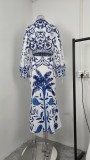 Plus Size Vintage Printed V-Neck Long Sleeve Long Skirt Set GMAN-28925