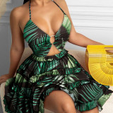 Plus Size Hollow Out Strappy V Neck Print Midi Dress GMAN-21503