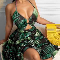 Plus Size Hollow Out Strappy V Neck Print Midi Dress GMAN-21503