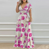 Plus Size V Neck Print Ruffles Sleeve Maxi Dress GMAN-9040