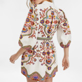 Plus Size V-Neck Lantern Sleeve Printed Dress GMAN-28830