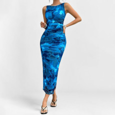 Plus Size Print Sleevless Slim Split Maxi Dress GMAN-29209