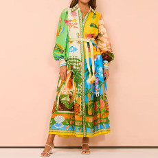Plus Size Printed Lantern Sleeve Belted Shirt Dress GMAN-28068
