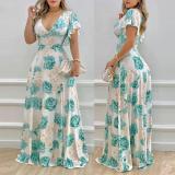 Plus Size V Neck Print Ruffles Sleeve Maxi Dress GMAN-9040