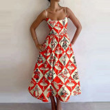 Plus Size Fashion Printed Pleated Big Hem Camisole Dress GMAN-28744