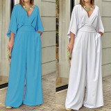 Plus Size Solid Color V Neck Jumpsuit GMAN-22145