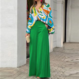 Plus Size Print Long Sleeve Shirt Two Piece Pants Suit GMAN-9123