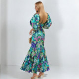 Plus Size Lantern Sleeve Printed Long Dress GMAN-29013