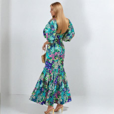 Plus Size Lantern Sleeve Printed Long Dress GMAN-29013