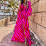 Plus Size Print V Neck Tie Up Maxi Dress GMAN-21383