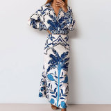 Plus Size Vintage Printed V-Neck Long Sleeve Long Skirt Set GMAN-28925