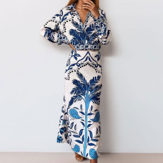 Plus Size Vintage Printed V-Neck Long Sleeve Long Skirt Set GMAN-28925