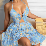Plus Size Hollow Out Strappy V Neck Print Midi Dress GMAN-21503