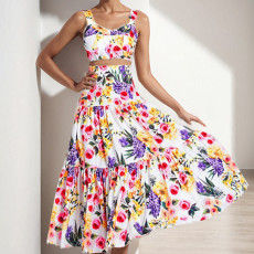 Plus Size Vintage Sleeveless Camisole Top Printed Long Skirt Suit GMAN-28995