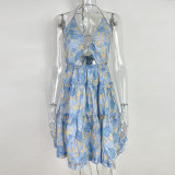 Plus Size Hollow Out Strappy V Neck Print Midi Dress GMAN-21503
