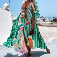 Plus Size Print V Neck Tie Up Maxi Dress GMAN-21383