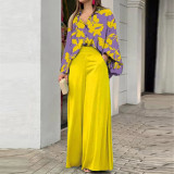 Plus Size Print Long Sleeve Shirt Two Piece Pants Suit GMAN-9123