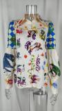 Plus Size Printed Lapel Single Breasted Lantern Sleeve Shirt GMAN-24631