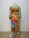 Plus Size Printed Lantern Sleeve Belted Shirt Dress GMAN-28068
